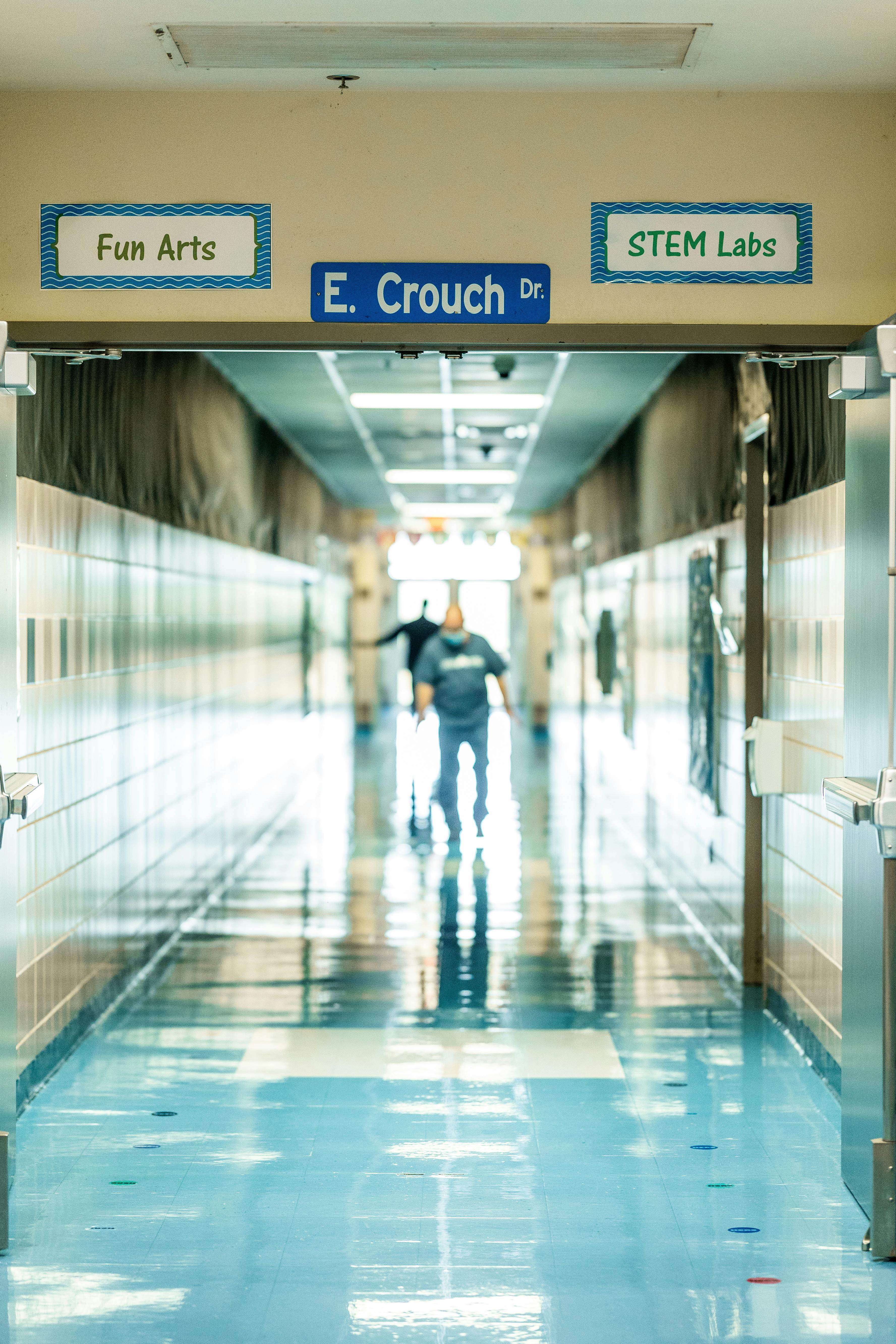 School hallway with digital signage
